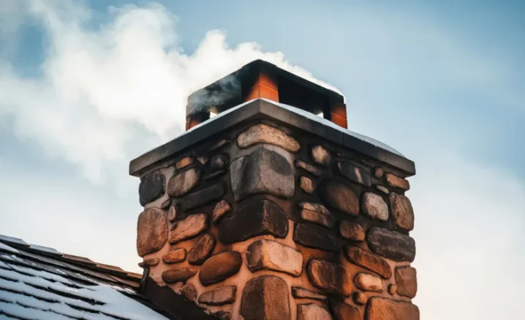 Rustic Stone Chimney Emitting Smoke Against a Cloudy Blue Sky in Wintertime Landscape